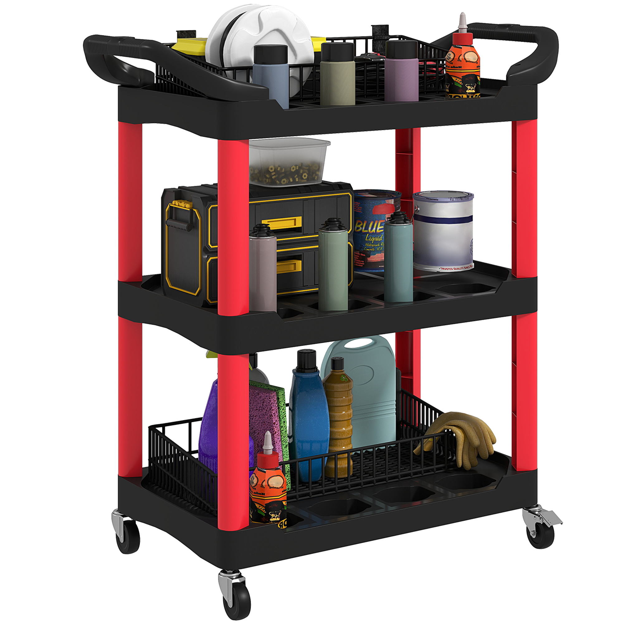 Chariot à outils 3 étagères en plastique, charge 91 kg, 4 roues dont 2 freins, 12 emplacements, 83 x 43 x 97 cm, rouge et noir