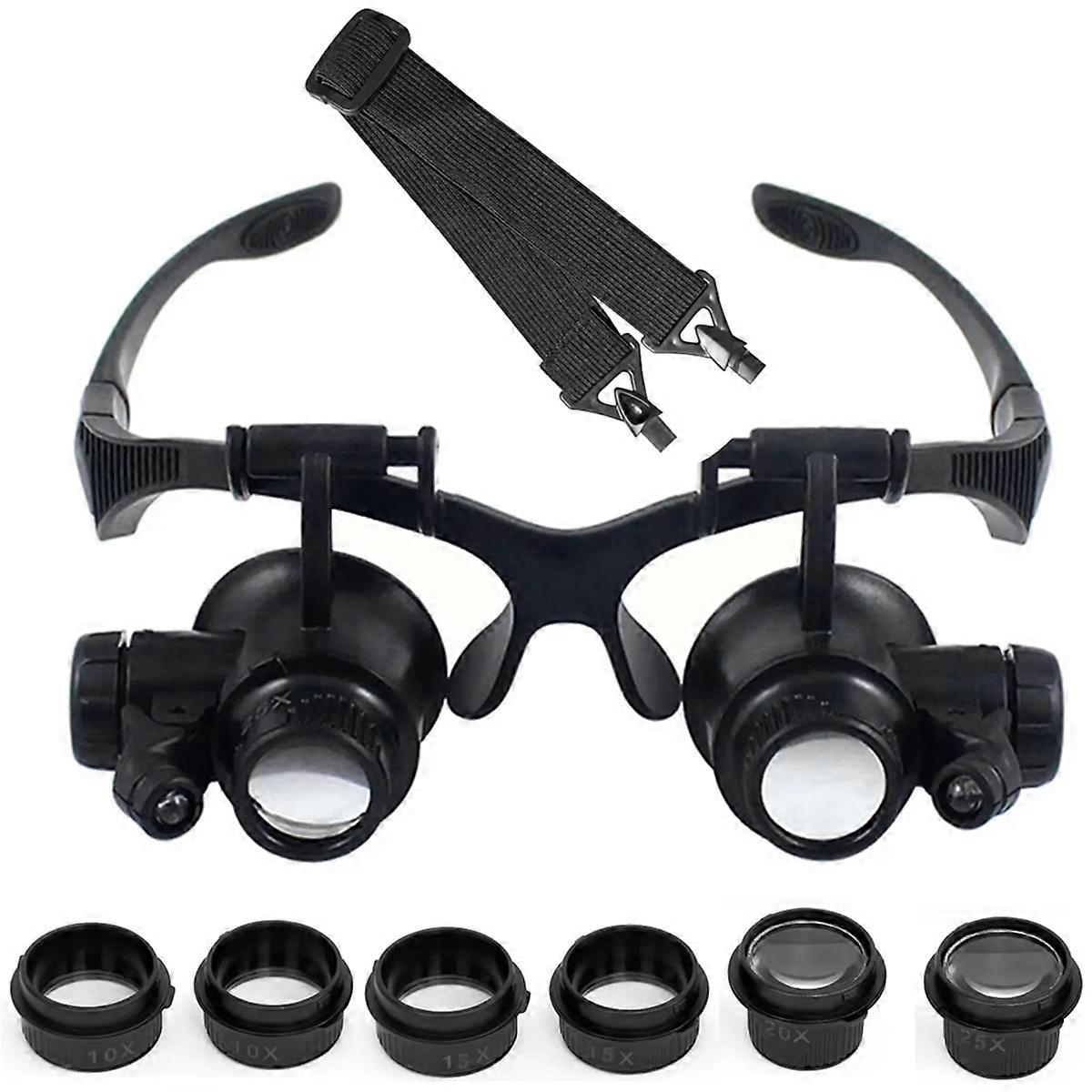 Loupe à bandeau à double lentille, grossissements 10x 15x 20x 25x, éclairage LED, 6 piles incluses