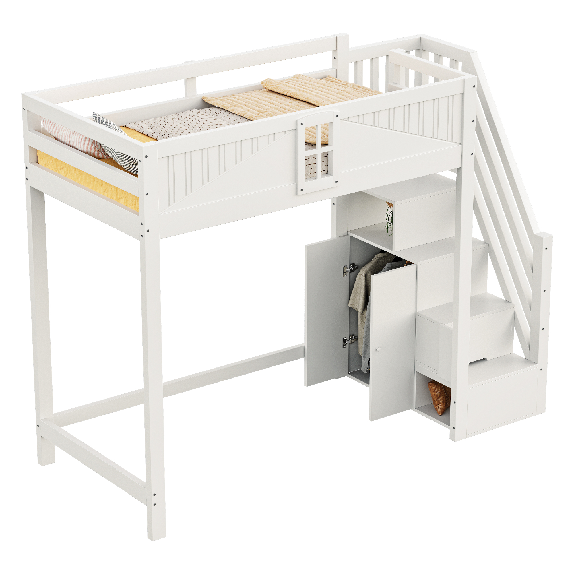 Lit Mezzanine 90 X 200 Cm Avec Armoire Et Escalier De Rangement, En Bois, Blanc