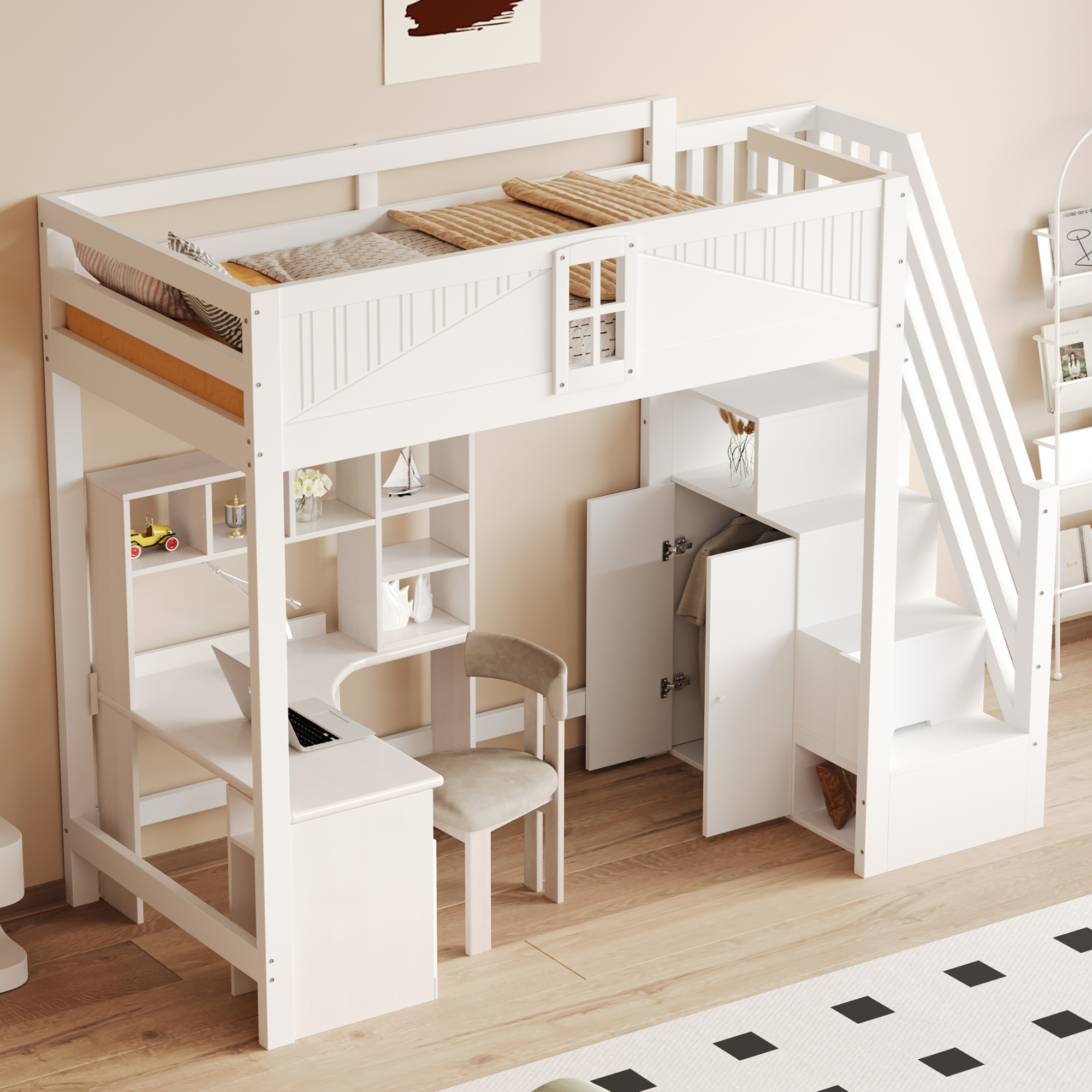 Lit Mezzanine Enfant En Bois 90x200cm, Sans Matelas, Antichute, Blanc, Avec Échelle De Rangement Et Penderie
