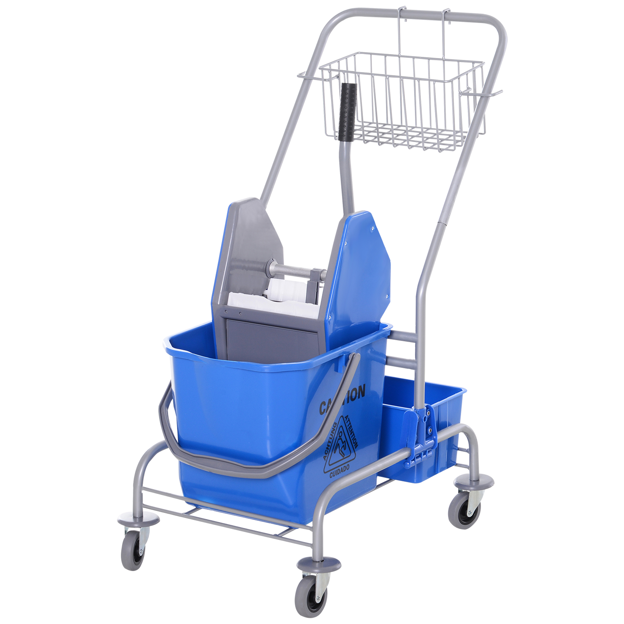 Chariot de nettoyage 25 L avec essoreur, crochet à balai et 4 roulettes, bleu