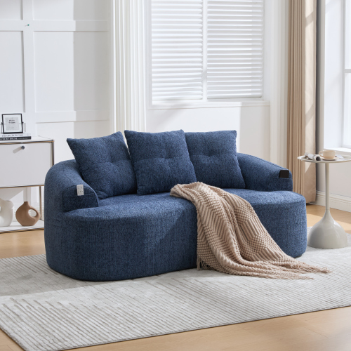 Canapé 2 Places Arrondi Bleu Chenille – Canapé Droit Avec Coussins