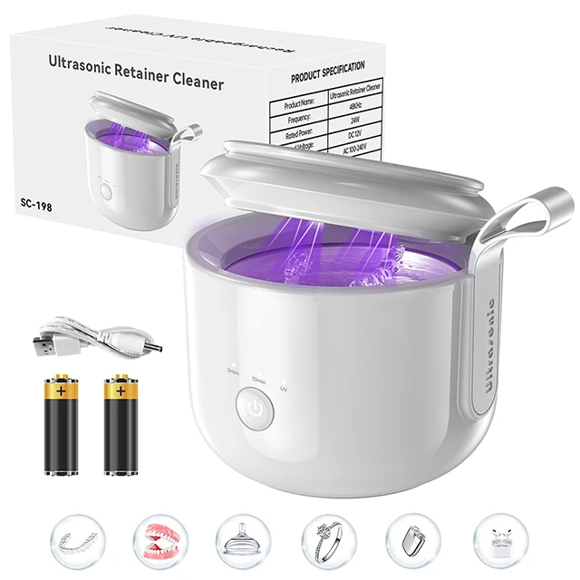 Nettoyeur à ultrasons 200 ml, cuve inox 304, 3 modes dont UV, 48 kHz, batterie 2 × 2000 mAh, USB