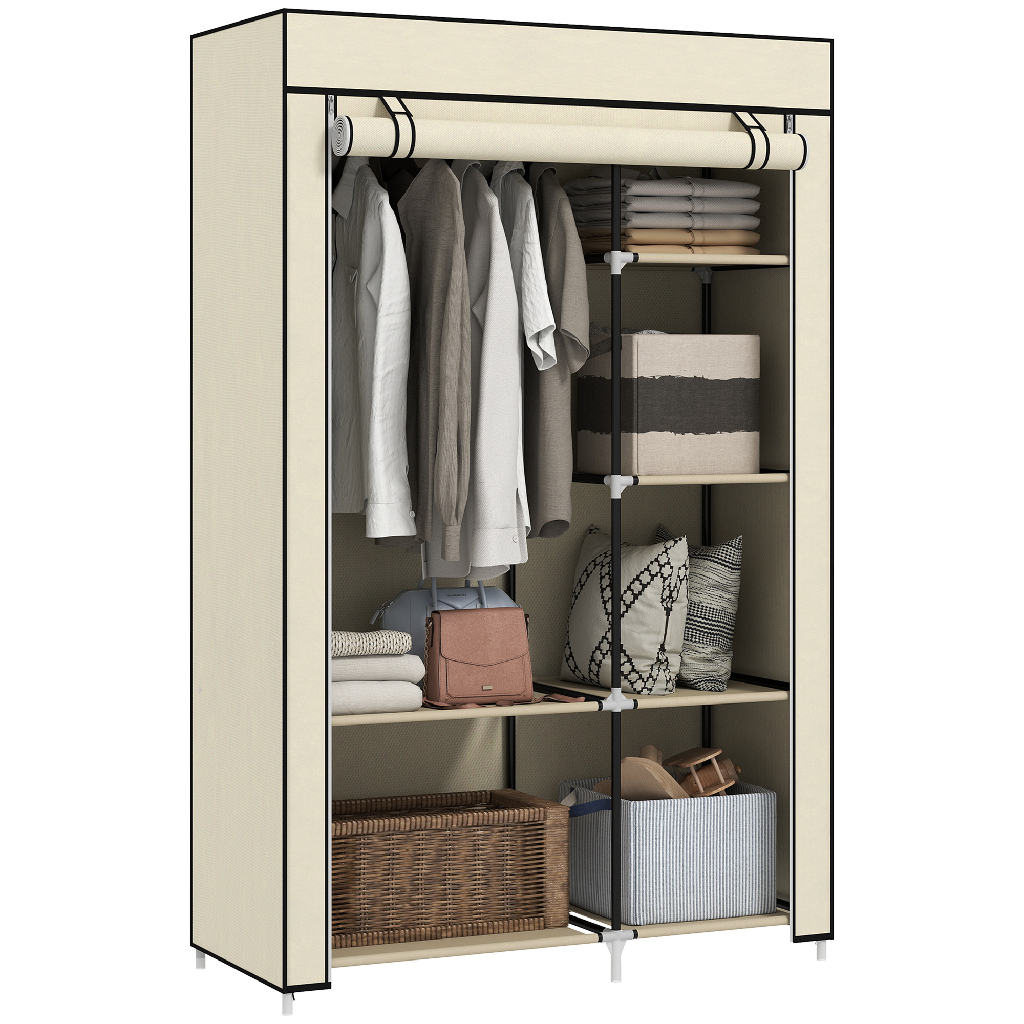 Kleiderschrank Stoffschrank Mit 6 Ablagen, Kleiderstange, Reißverschluss Faltschrank Für, Ankleidezimmer Schlafzimmer, 103 X 43 X 162,5 Cm, Creme - Homcom