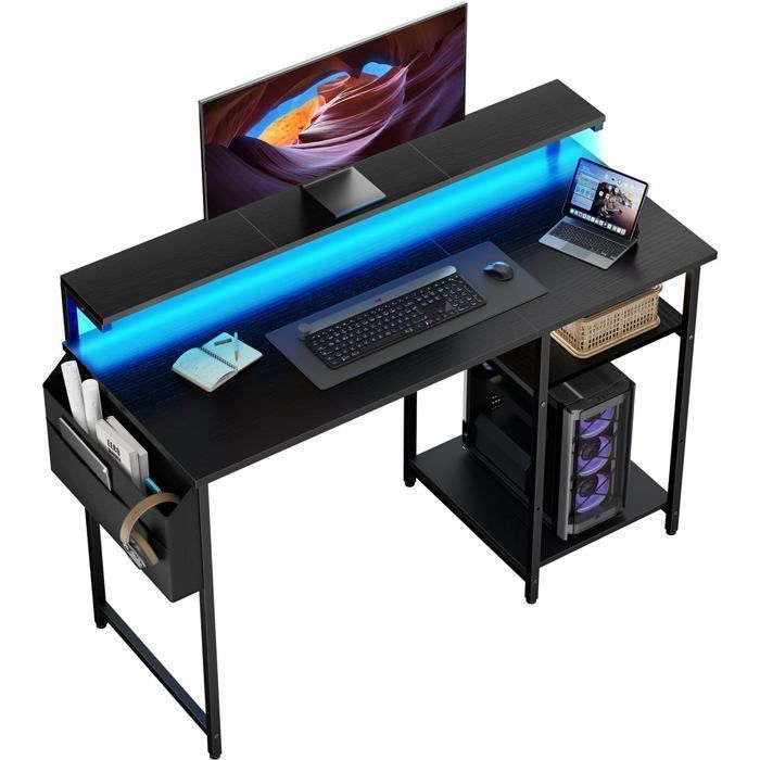 Bureau Informatique - Modèle À Deux Niveaux - Éclairage Led - Réglable En Hauteur - Support De Moniteur