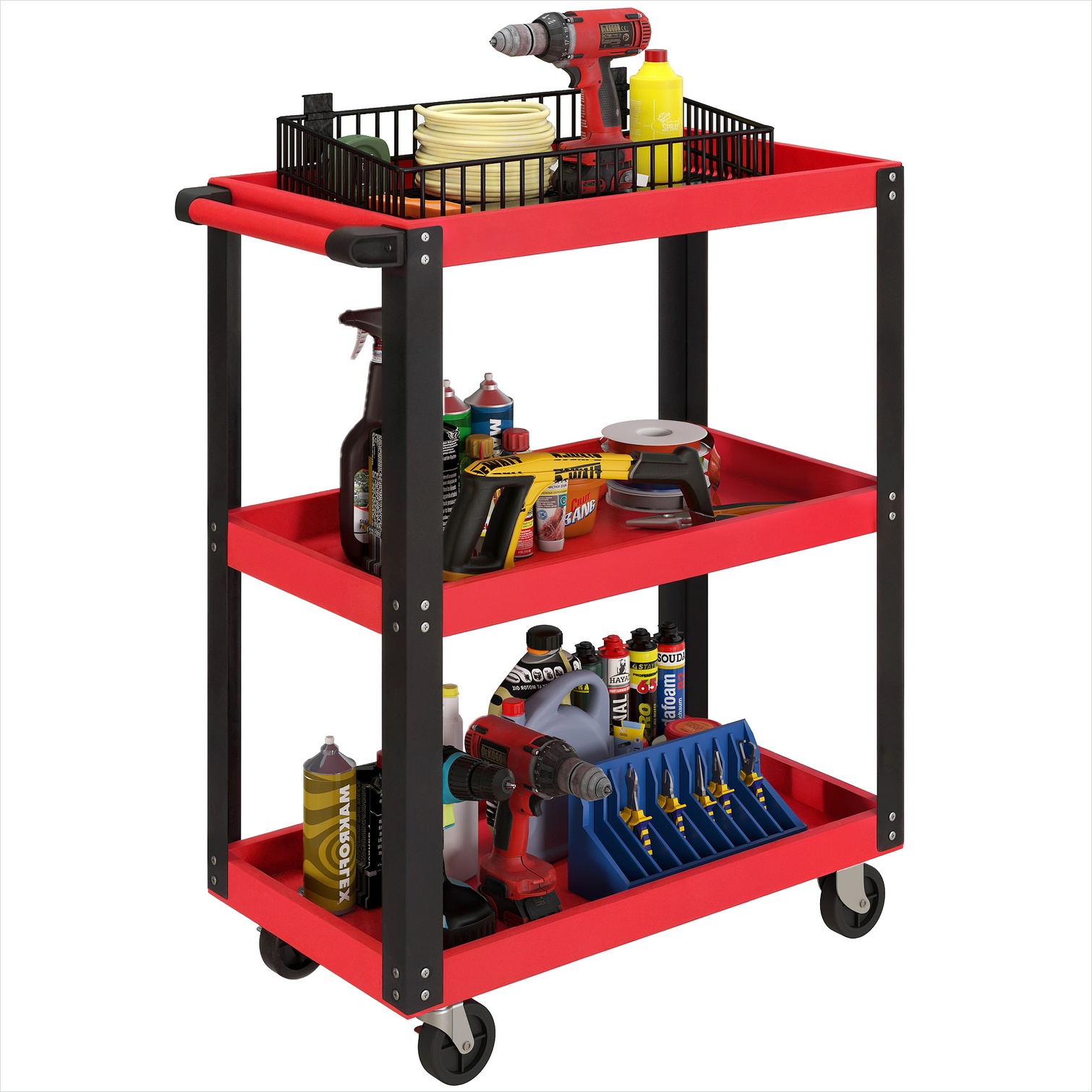 Chariot d'atelier 3 niveaux en acier rouge, 70,5x35x82,5 cm, roulettes freinées, charge 120 kg