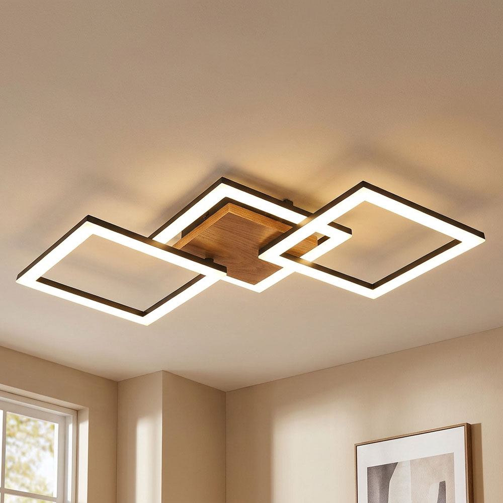 Globo - Plafonnier Led Plafonnier Bois Pivotant Salon Plafonnier Noir, Métal Opale, 30w 2200lm Blanc Chaud, Lxpxh 66x31x7,5 Cm