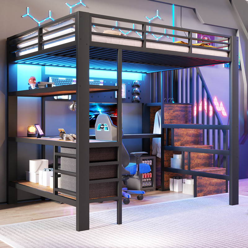Lit Mezzanine Enfant En Métal 140 X 200 Cm Avec Led,prise,bureau,paroi
