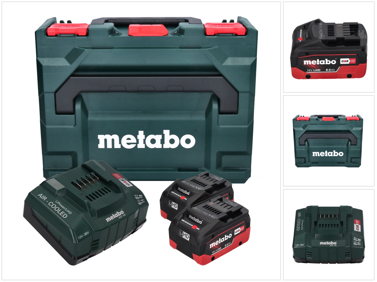 Metabo Basis Set 2x Li-power Akkupack 18 V 8, 0 Ah Cas Li-ion Akku ( 685131590 ) + Ladegerät Asc 145 + Metabox