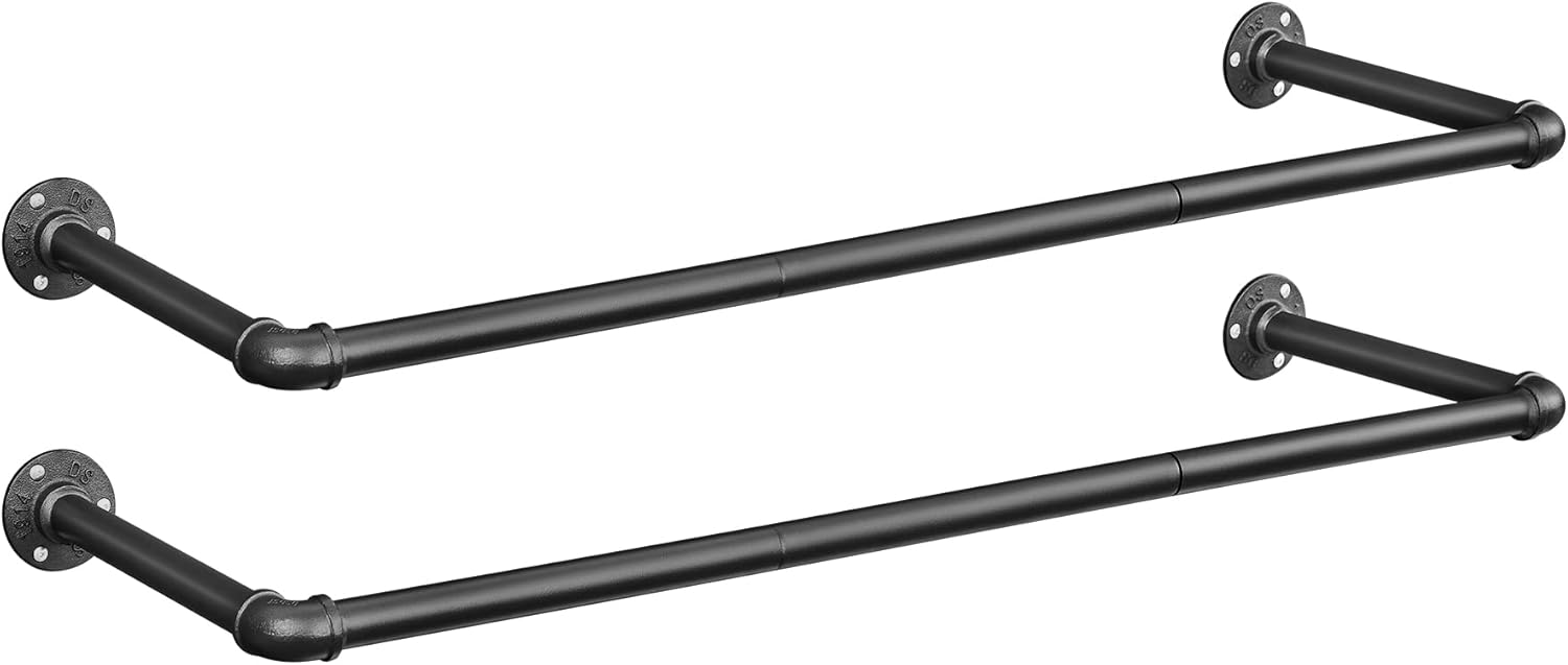 Portemanteau Mural, Lot De 2, Barres De Suspension Pour Vêtements En Tuyaux Industriels, Gain De Place, 92 X 30 X 7,5 Cm, Capacité De 50 Kg, Installation Facile, Noir Hsr67bk02