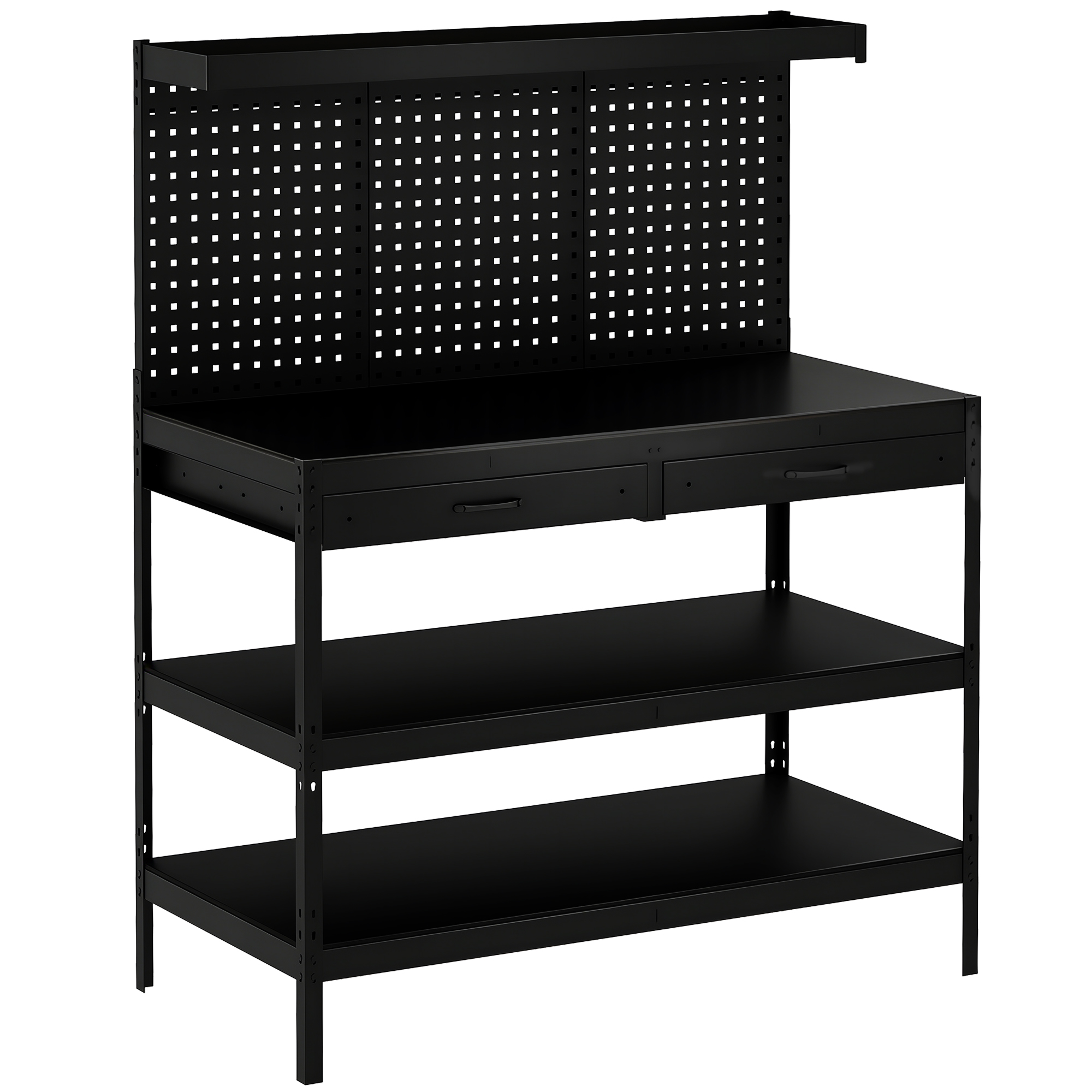 Établi d'atelier noir en acier, plateau MDF mélamine 122 x 61 cm, panneau perforé, deux tiroirs et deux étagères ajustables, lot de 1