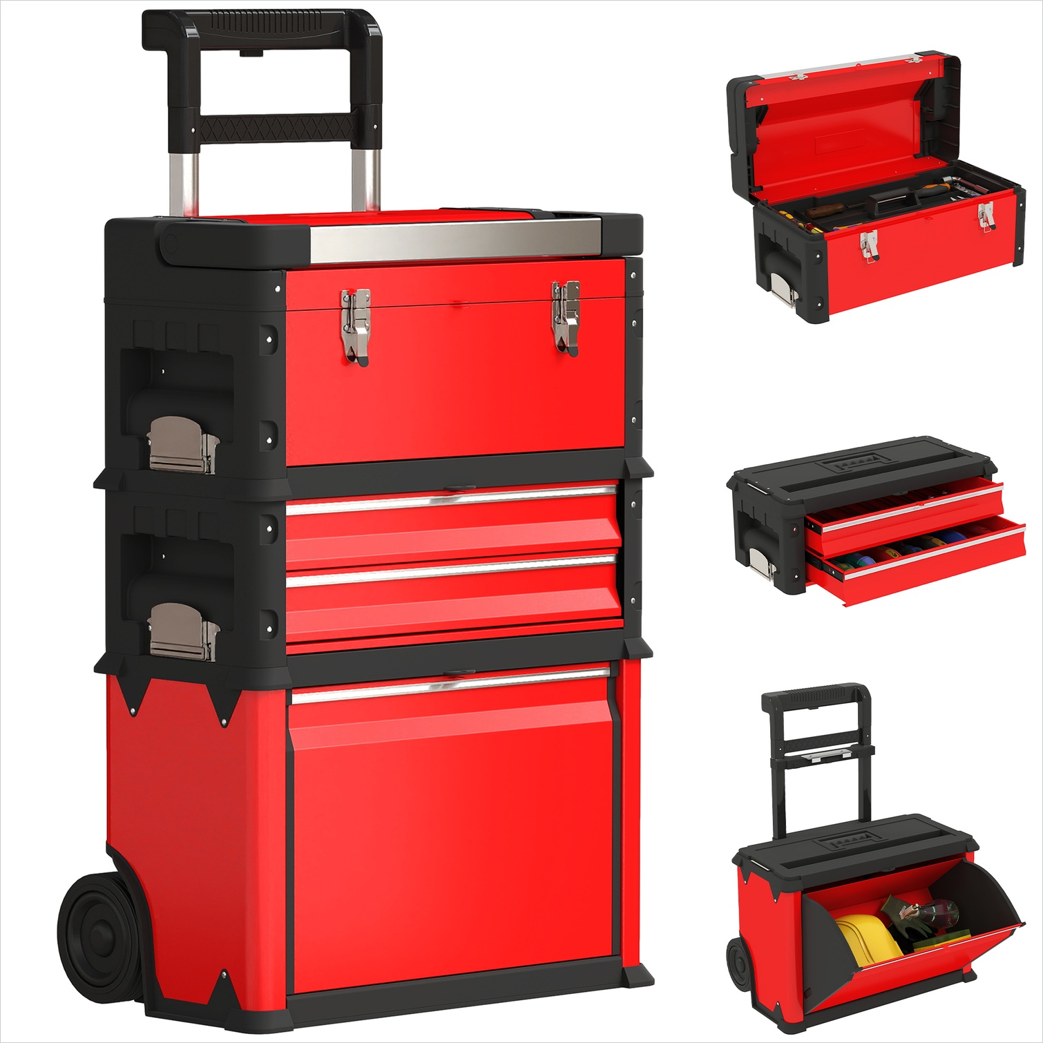 Lot de 3 boîtes à outils empilables sur roulettes en acier, 52 x 32 x 72 cm, 45 kg