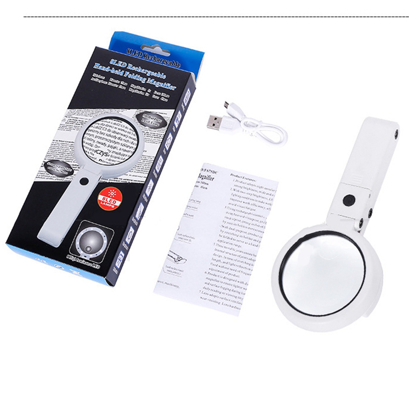Loupe à main LED 5x et 11x, verre réglable sur support pliable, 8 LED deux intensités, piles fournies