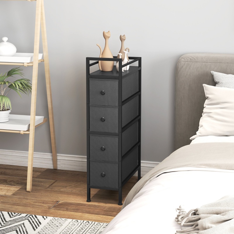 Chiffonnier Étroit À 4 Tiroirs Noir - Meuble De Rangement Slim En Tissu