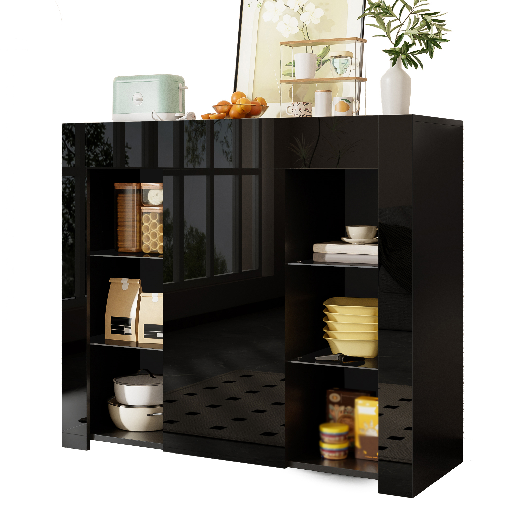 Buffet Noir Laqué Brillant Avec Étagères En Verre Et Porte De Rangement