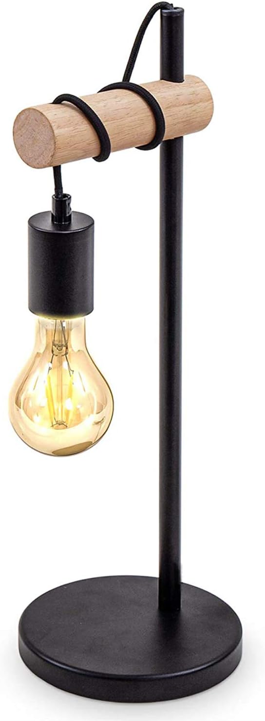 Lampe De Table, Design Rétro Lampe De Lecture, Bois & Métal, Éclairage Du Bureau Et De La Chambre, Lampe De Chevet,pour Ampoule Led E27 10w Max (non Incluse) (noir) - Comely