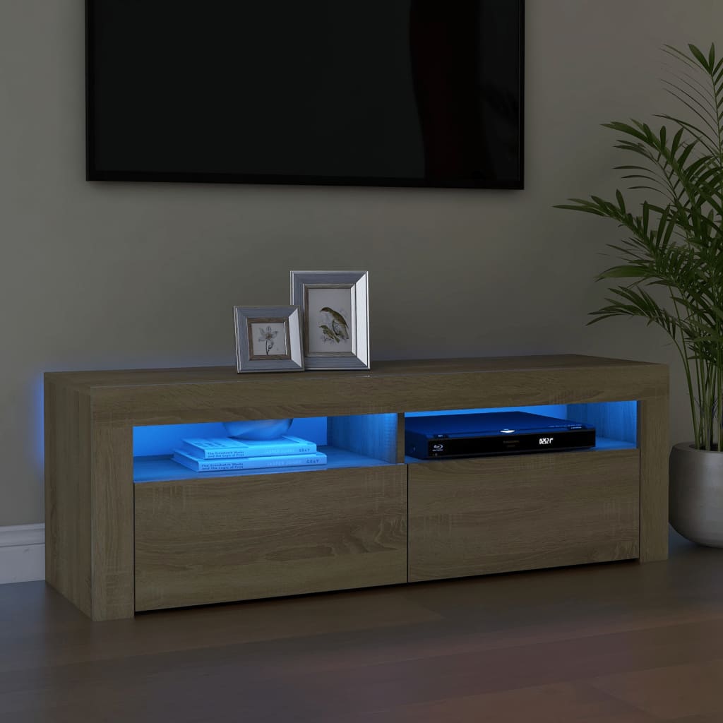 Jinlefu – Meuble Tv Chêne Sonoma 120x35x40 Cm – Avec Éclairage Led Rvb