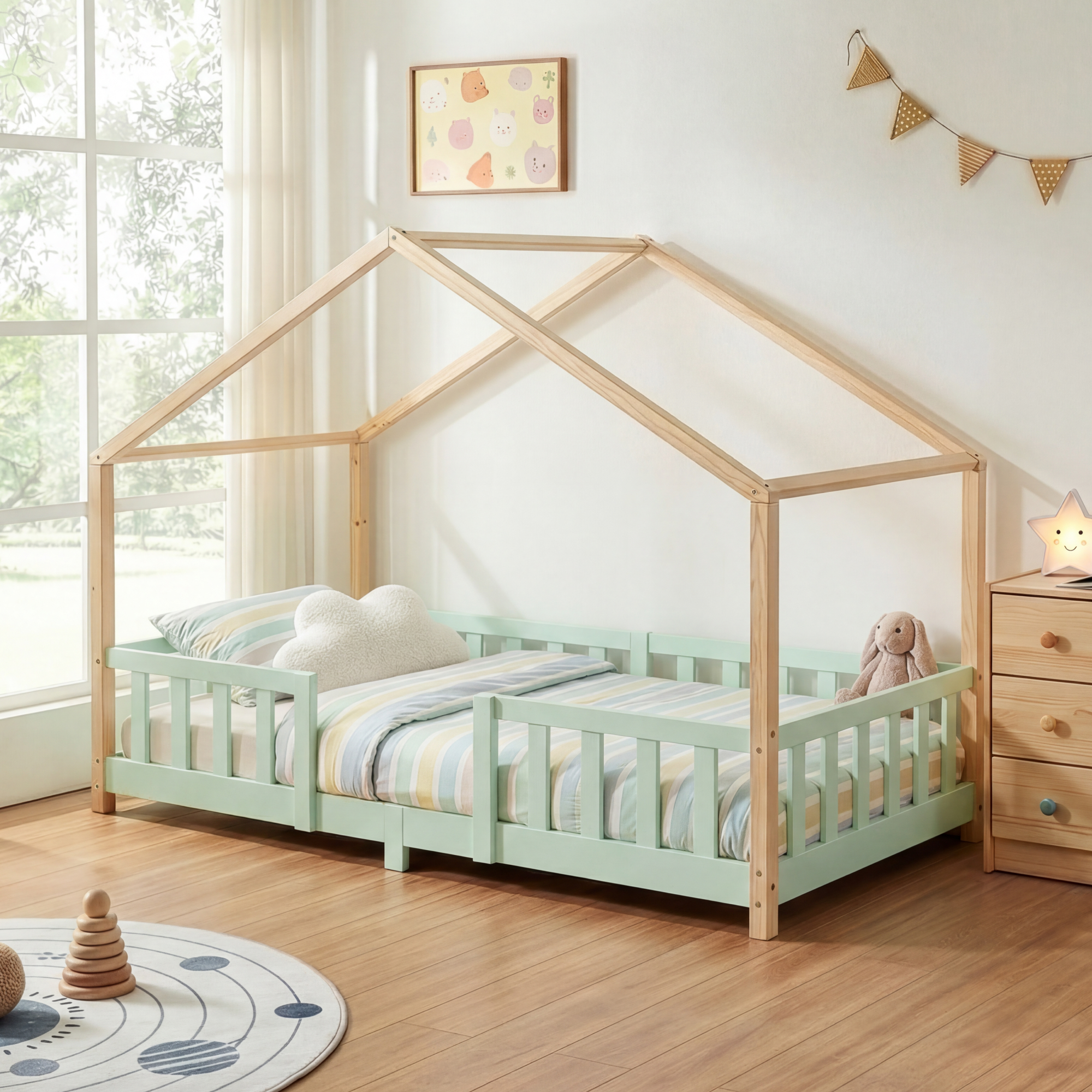 Kinderbett Treviolo 90x200 Cm Mintgrün / Natur [en.casa]