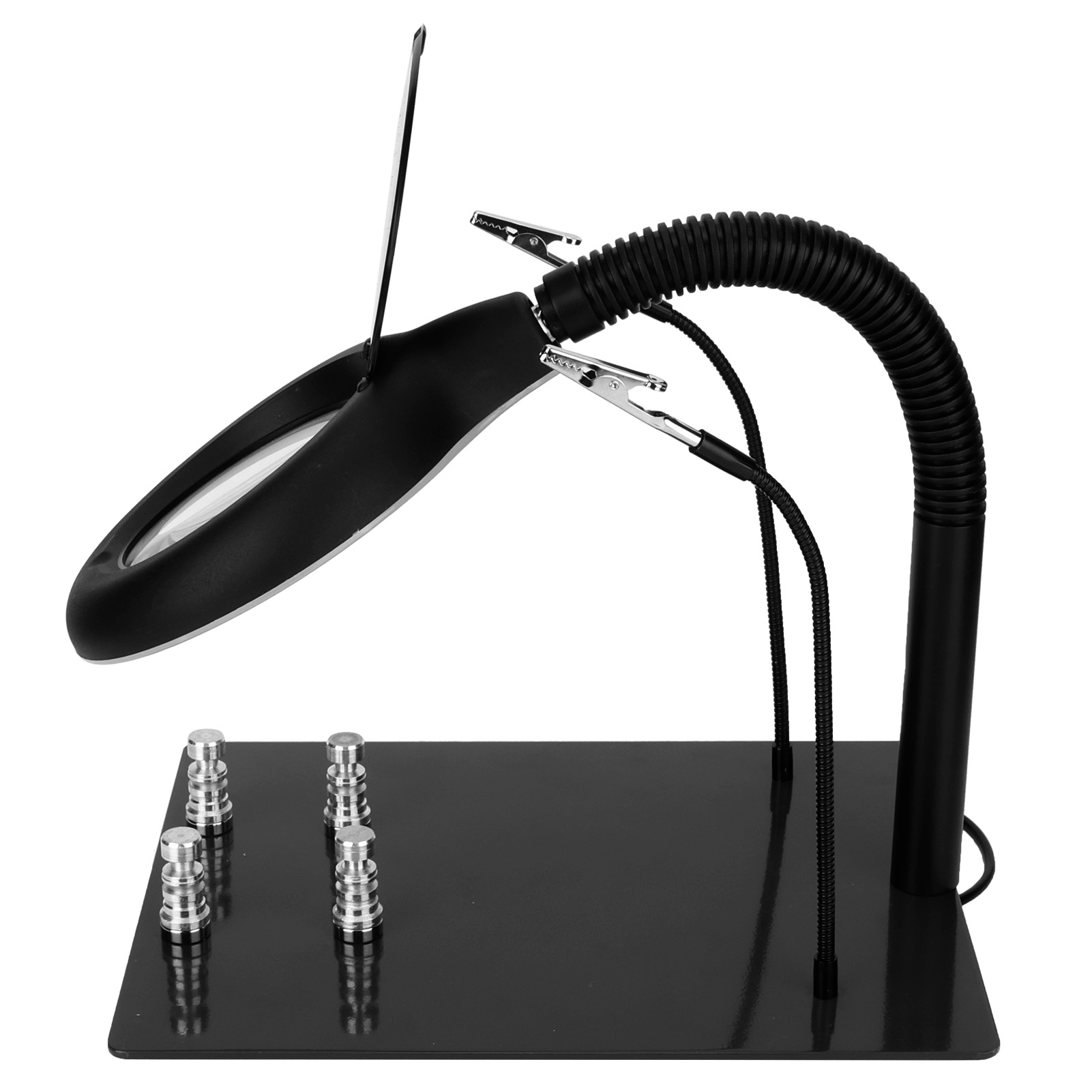 Lampe loupe grossissante 15x à 40 LED, bras flexible orientable à 360°, base métallique antidérapante, pinces et supports magnétiques fournis