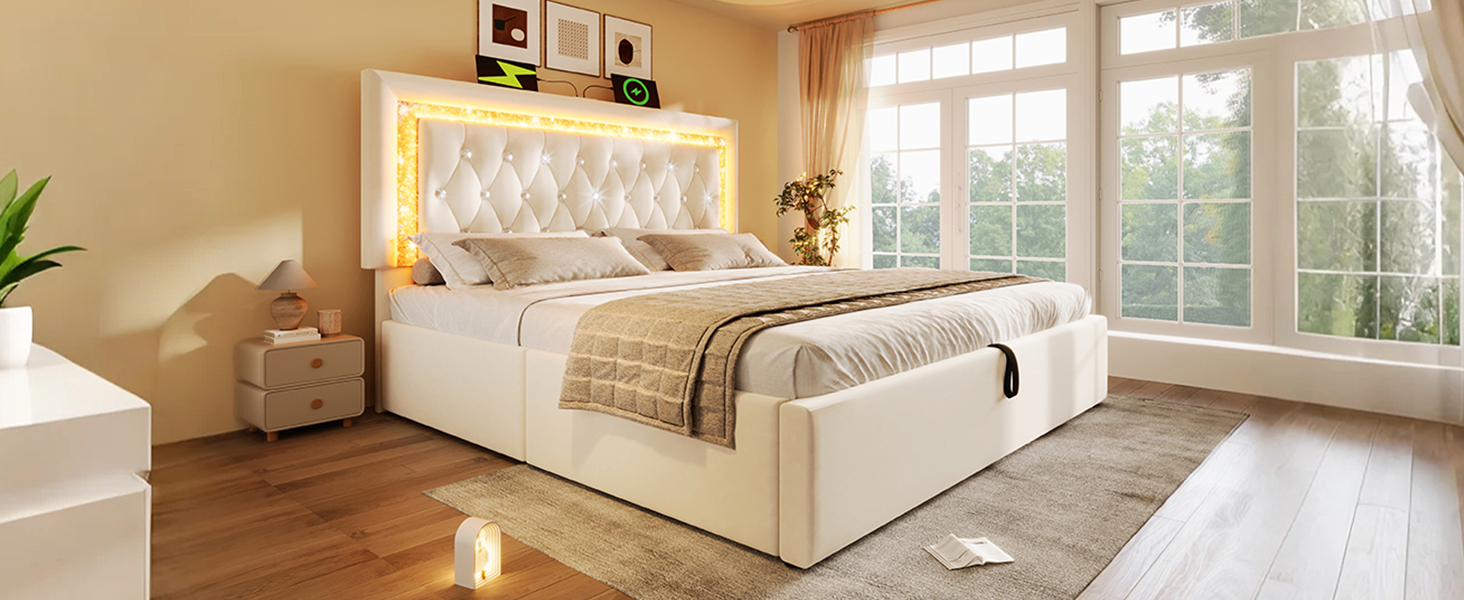 Mivray Bett Mit Stauraum Samt Beige 160x200 Cm, Mit Matratze, Led-kopfteil Und Usb/type-c