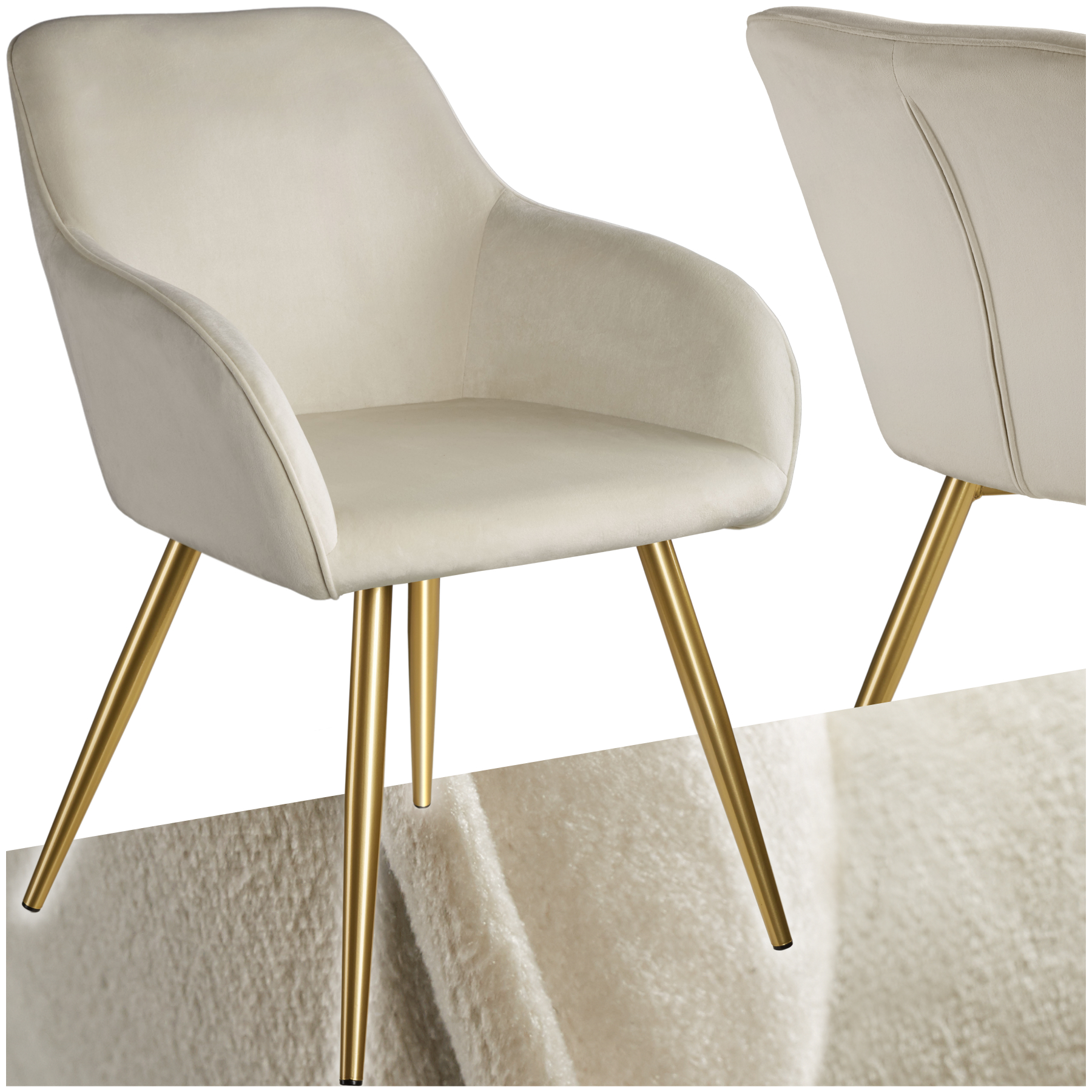 Tectake - Chaise Rembourrée Aspect Velours Dossier Ergonomique Crème/or