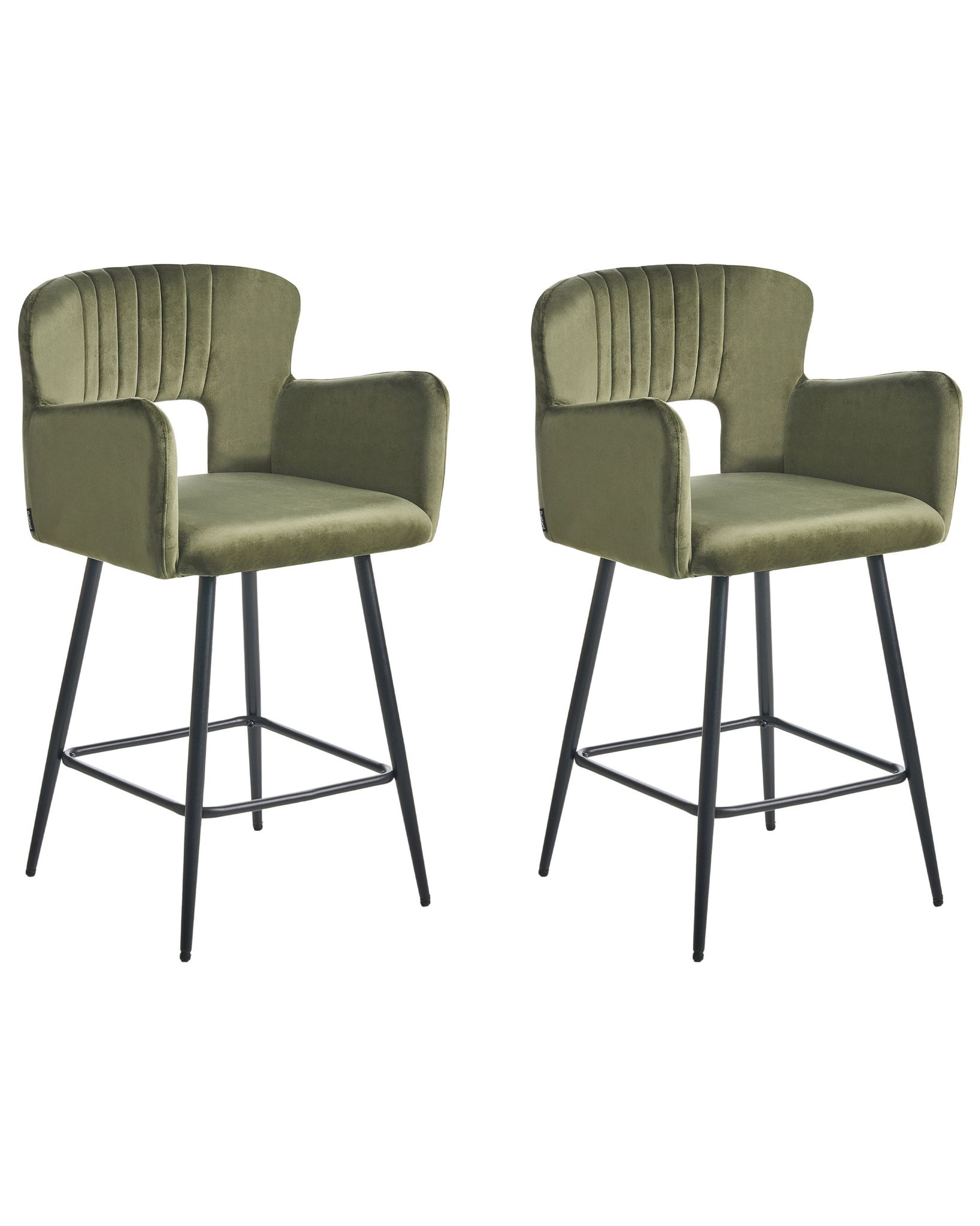 Beliani Set Of 2 Modern Bar Chairs Velvet Seat With Armrests Tufted Back Olive Green Sanilac