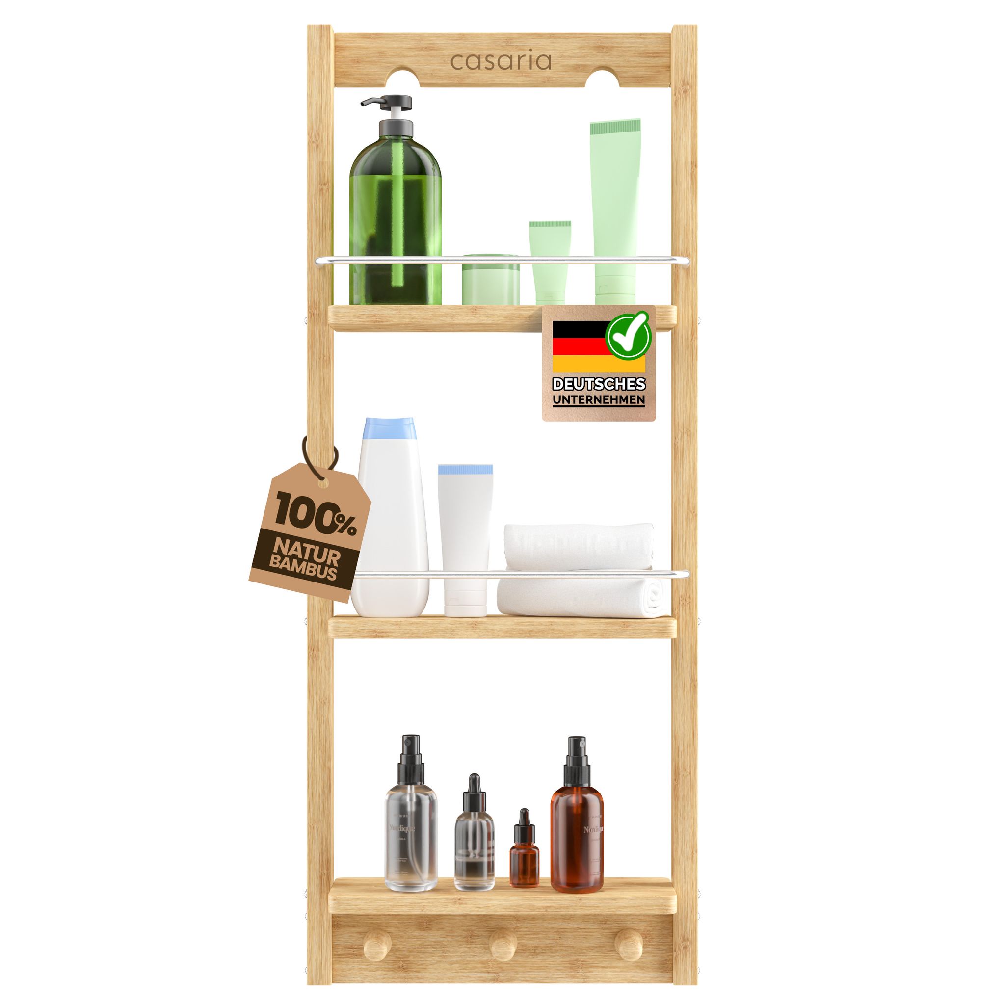Duschregal Zum Hängen Bambus 3 Ablagen 3 Haken 70x29x10cm Duschablage Hängend Badregal Hängeregal Dusche Holz - Casaria