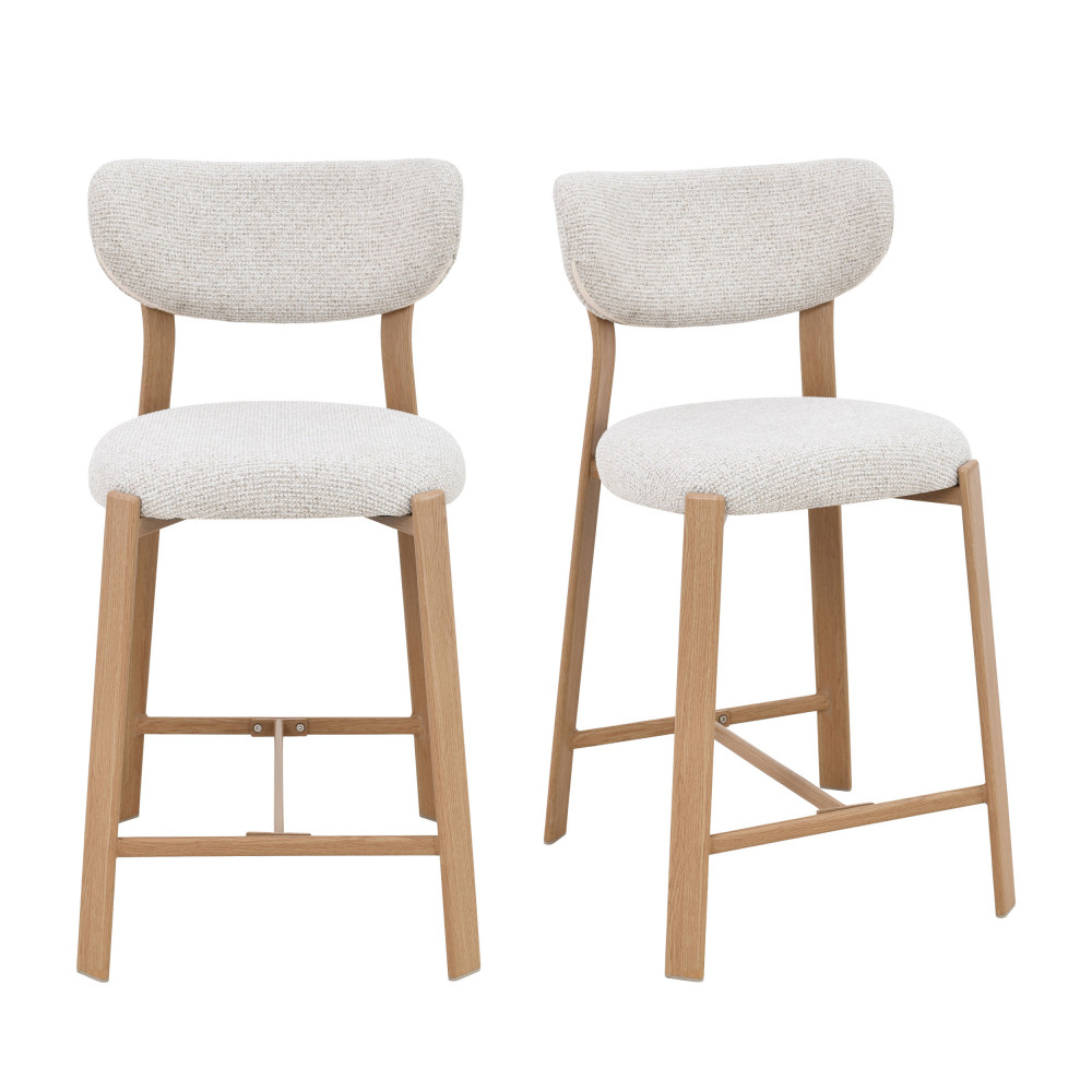 Lot De 2 Chaises De Bar En Tissu Piètement Effet Bois Clair H65cm - Beige Chiné - Lunara
