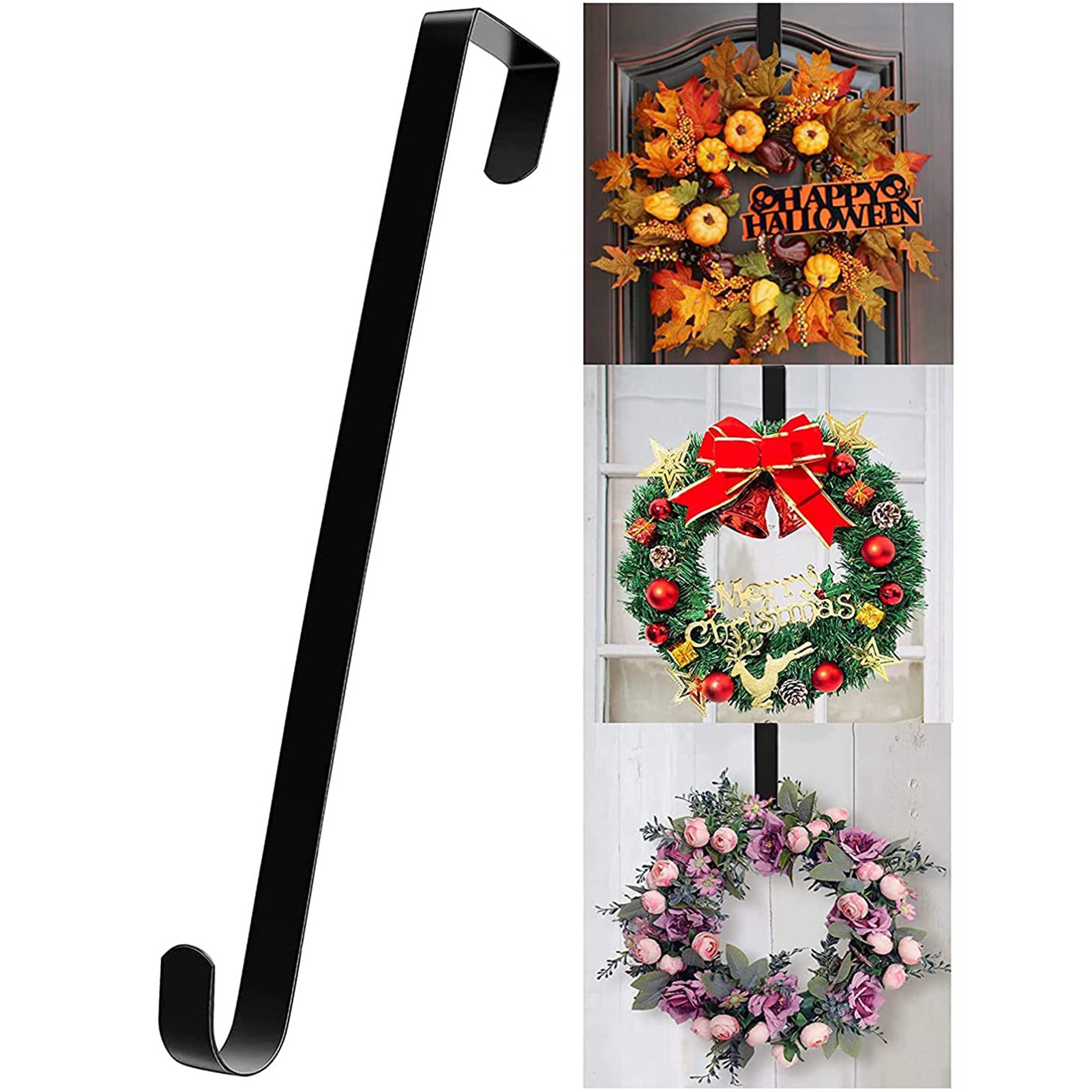 Crochet de porte réglable pour couronne de Noël, suspension télescopique en fer, noir