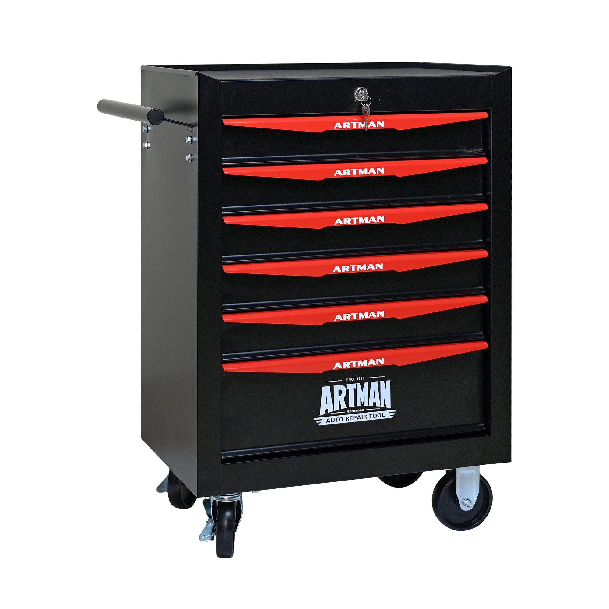 Servante d'atelier 6 tiroirs en acier laminé à froid, charge 15 kg par tiroir, roulettes 4 pouces dont 2 freinées