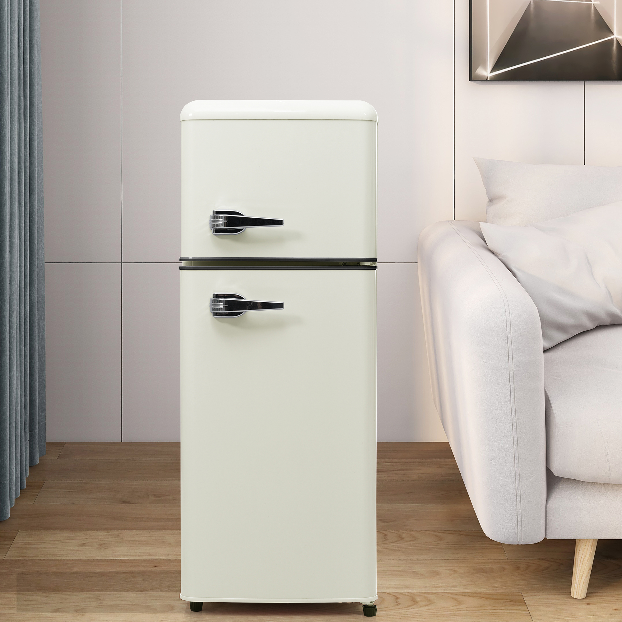 Keepbuying - Frigorifero - Congelatore, Frigorifero Retro A Due Porte, 92 L (28 L + 64 L), 181 Kwh/anno, -27°c/13°c, Luce Led, 105,5 X 41 X 45,5 Cm, Bianco