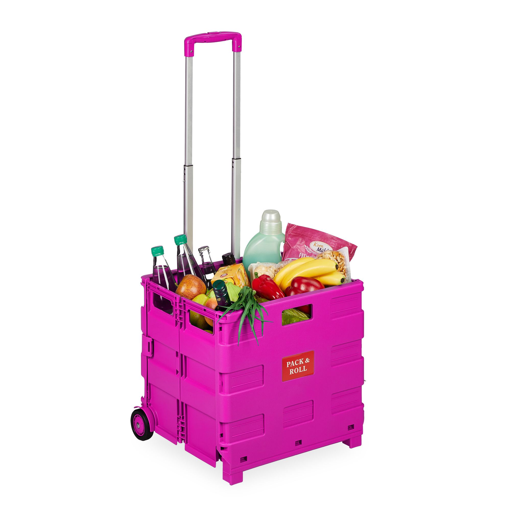 Relaxdays Shopping Trolley, Foldable, Up To 35 Kg, 50 L, With Telescopic Handle, Shopping Transport Cart, Pink