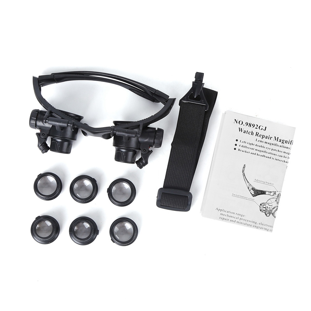 Loupe binoculaire à LED, grossissements 10x 15x 20x 25x, bandeau réglable, piles LR1130