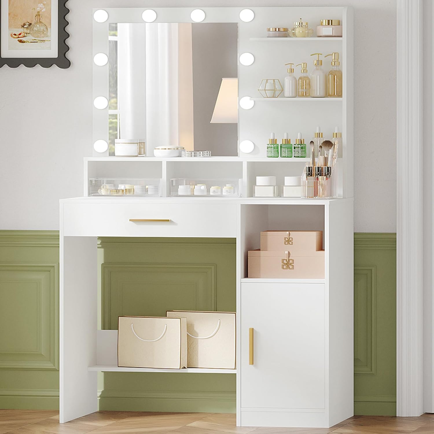 Coiffeuse Avec Miroir,10 Lumières Led,vanité De Maquillage, Blanc