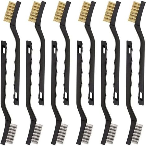 Lot de 12 mini brosses métalliques, acier inoxydable et laiton, manche plastique avec trou de rangement