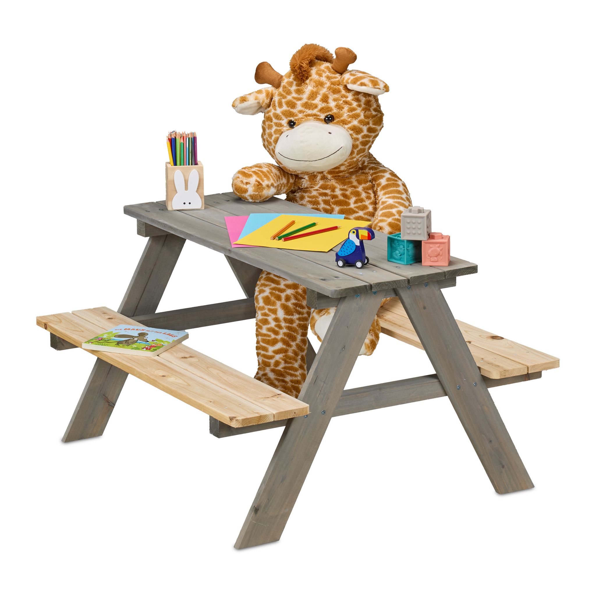 Relaxdays - Children's Picnic Table, Garden Bench For Kids, Hwd, 51 X 90 X 78 Cm, Seating For 4 Kids, Wood, Grey/natural