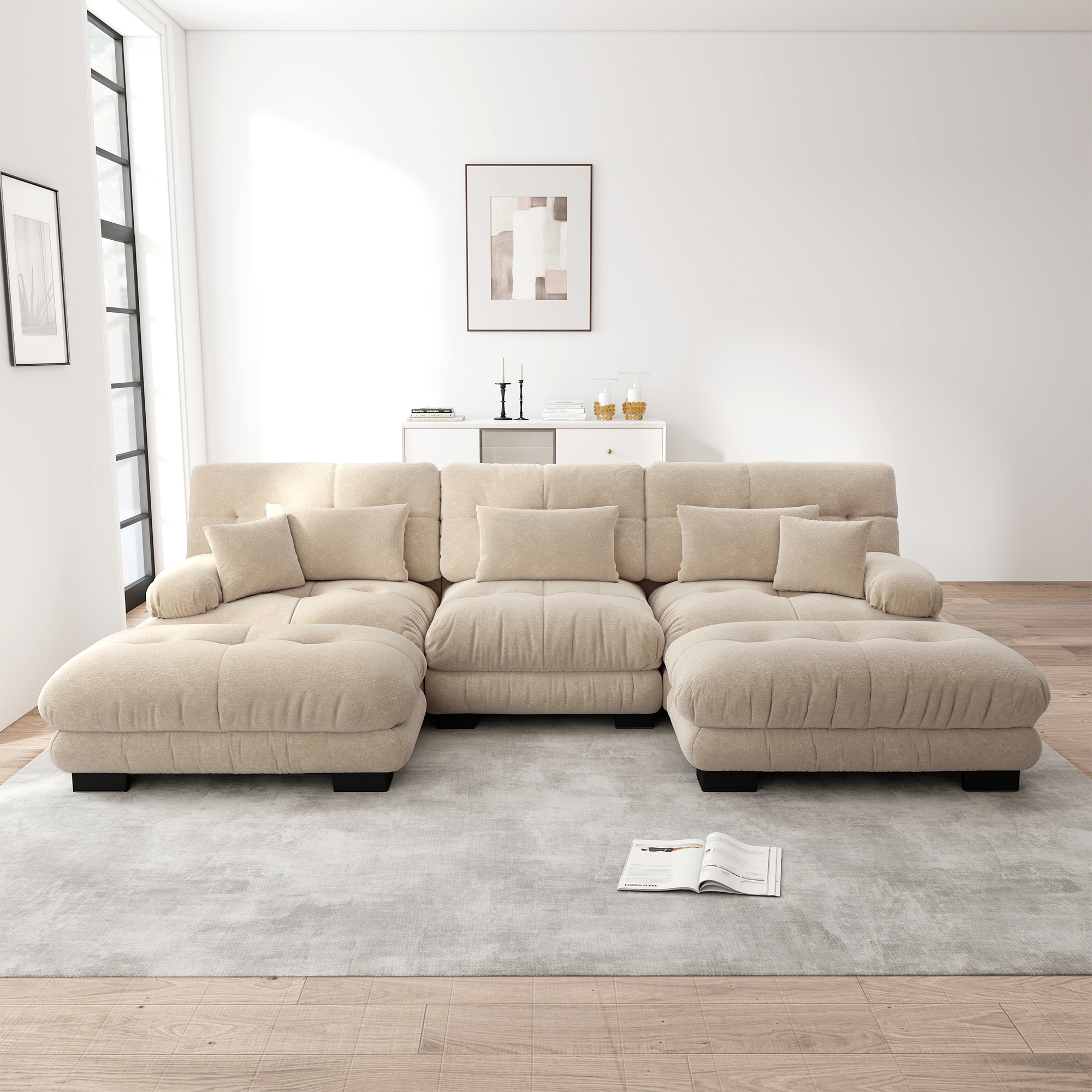 Neche – Canapé D'Angle Modulable 3 Places En Chenille Beige – Repose-pieds Amovibles – Coussins Hyperélastiques Pour Confort Optimal