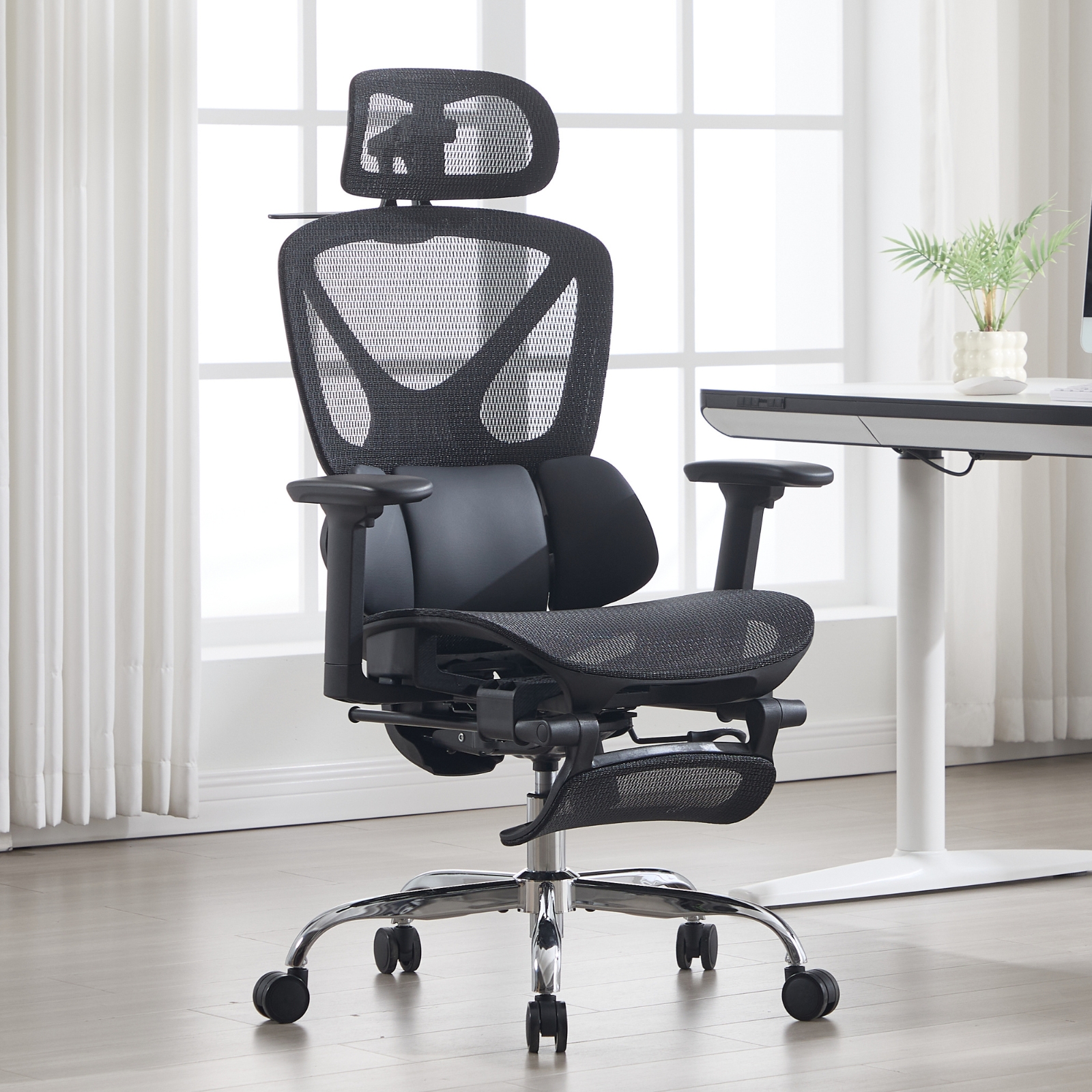Wahson Chaise De Bureau Avec Accoudoirs, Fauteuil De Bureau Ergonomique Avec Support Lombaire Réglable Avec Repose-pieds, Noir