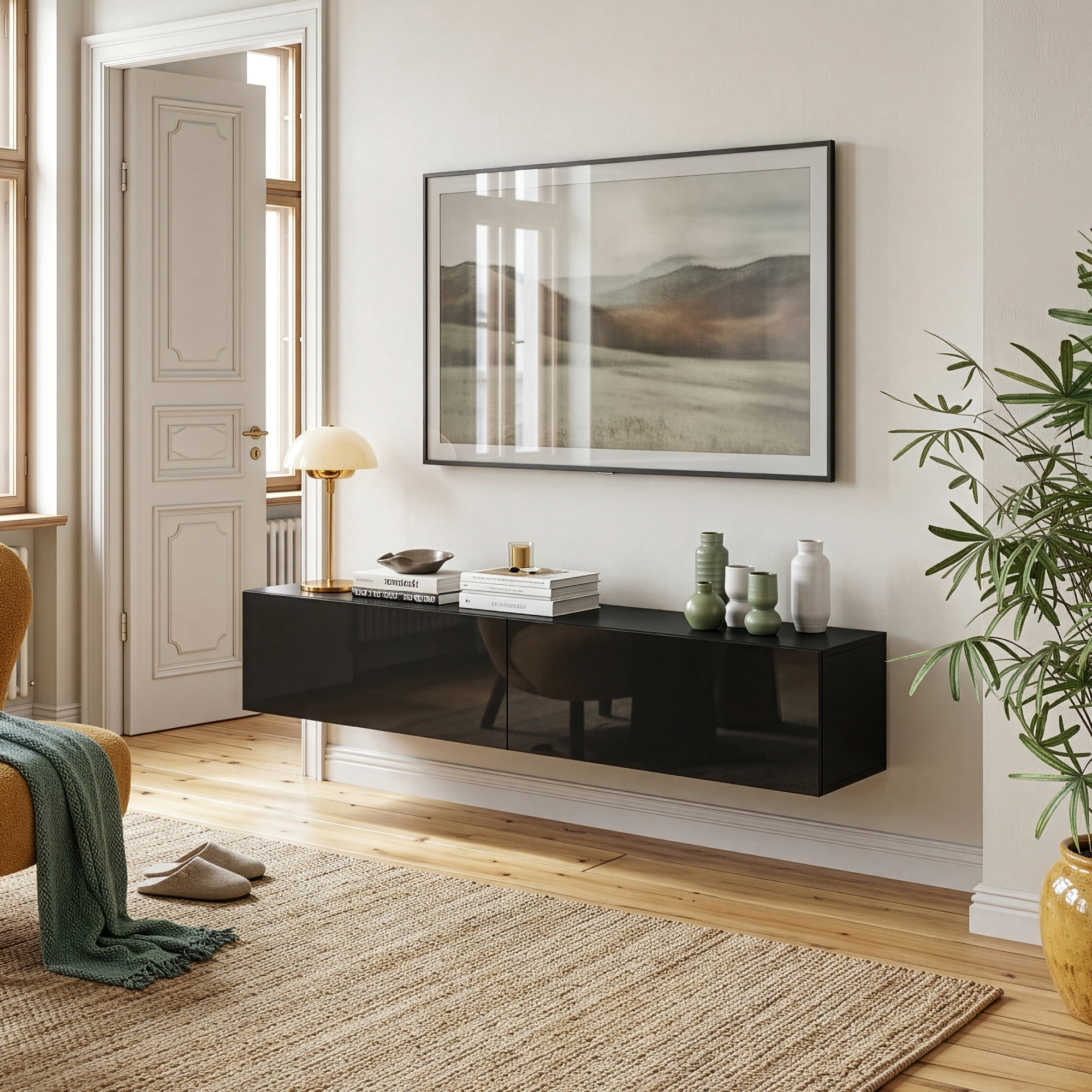 Étagère Murale Evaton 160 X 32 X 30 Cm Noir Brillant [en.casa]