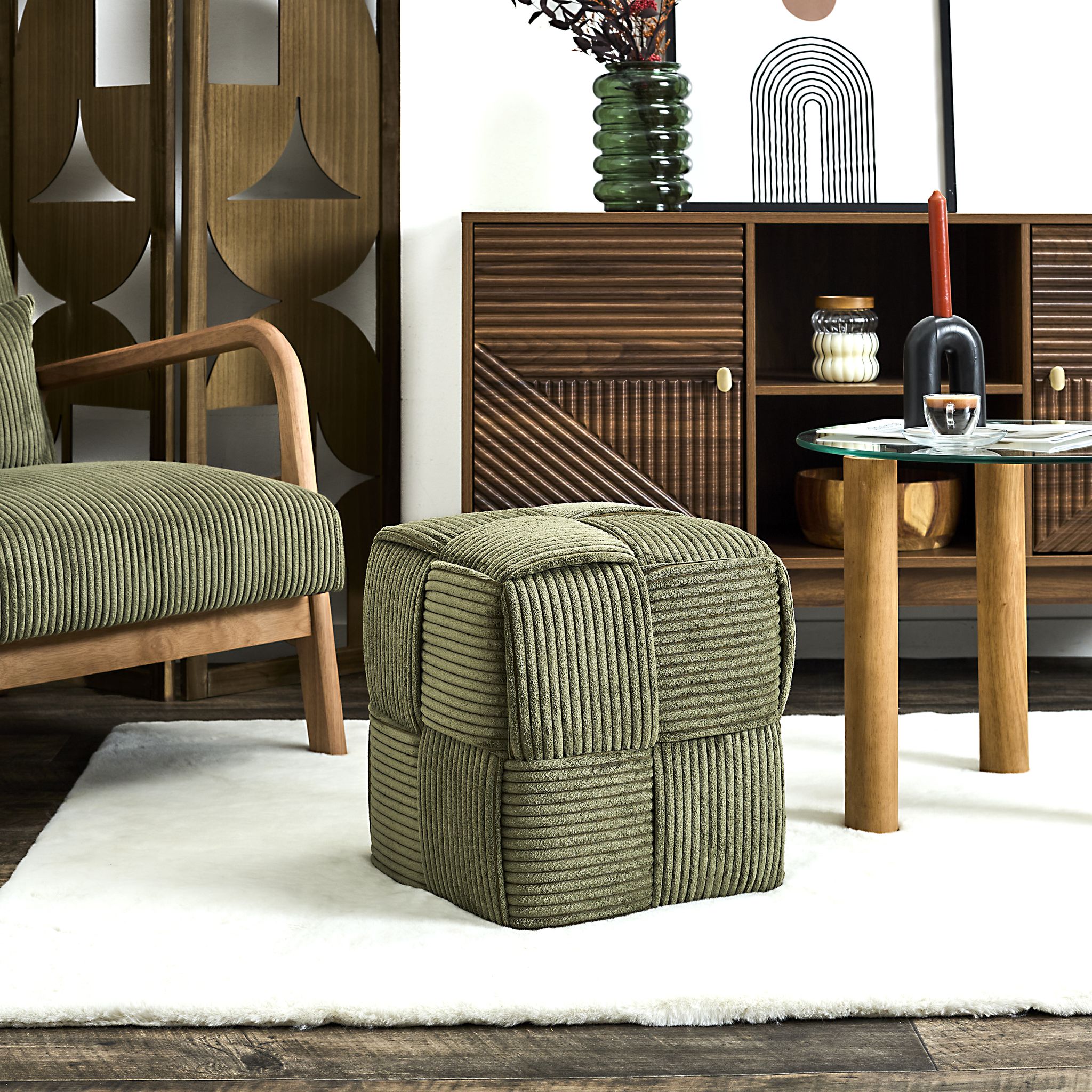 Pouf - Home Deco Factory - Scott - Côtelé - Tressé - Vert