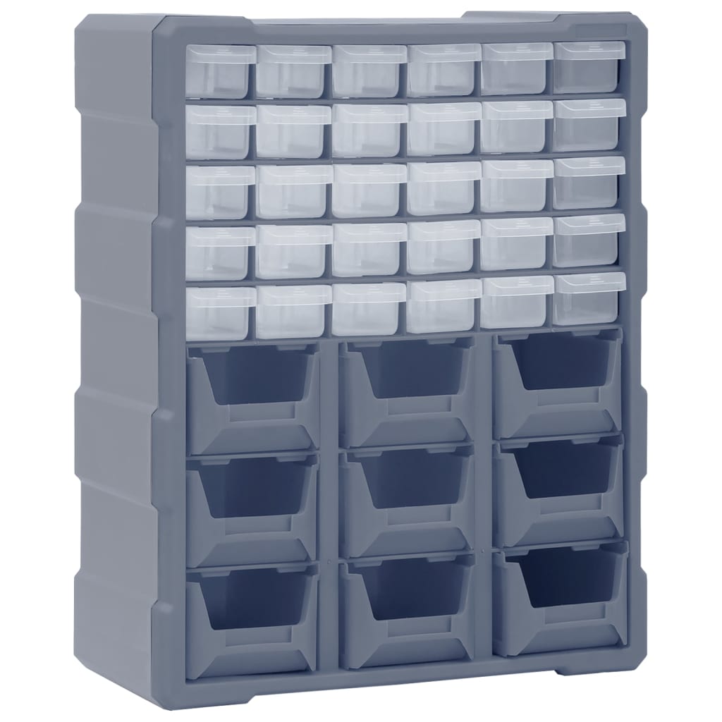Organisateur 39 tiroirs en plastique gris, 38 x 16 x 47 cm, 30 petits tiroirs et 9 ouverts