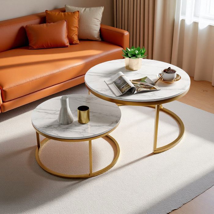 Set De 2 Tables Basses Rondes Marbre Blanc Et Doré – Ø80cm Et Ø60cm