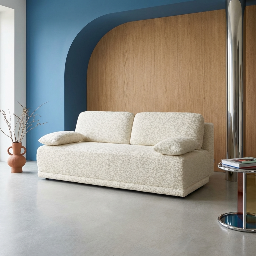 Banquette Convertible 3 Places Bouclette Avec Coffre De Rangement Blanc