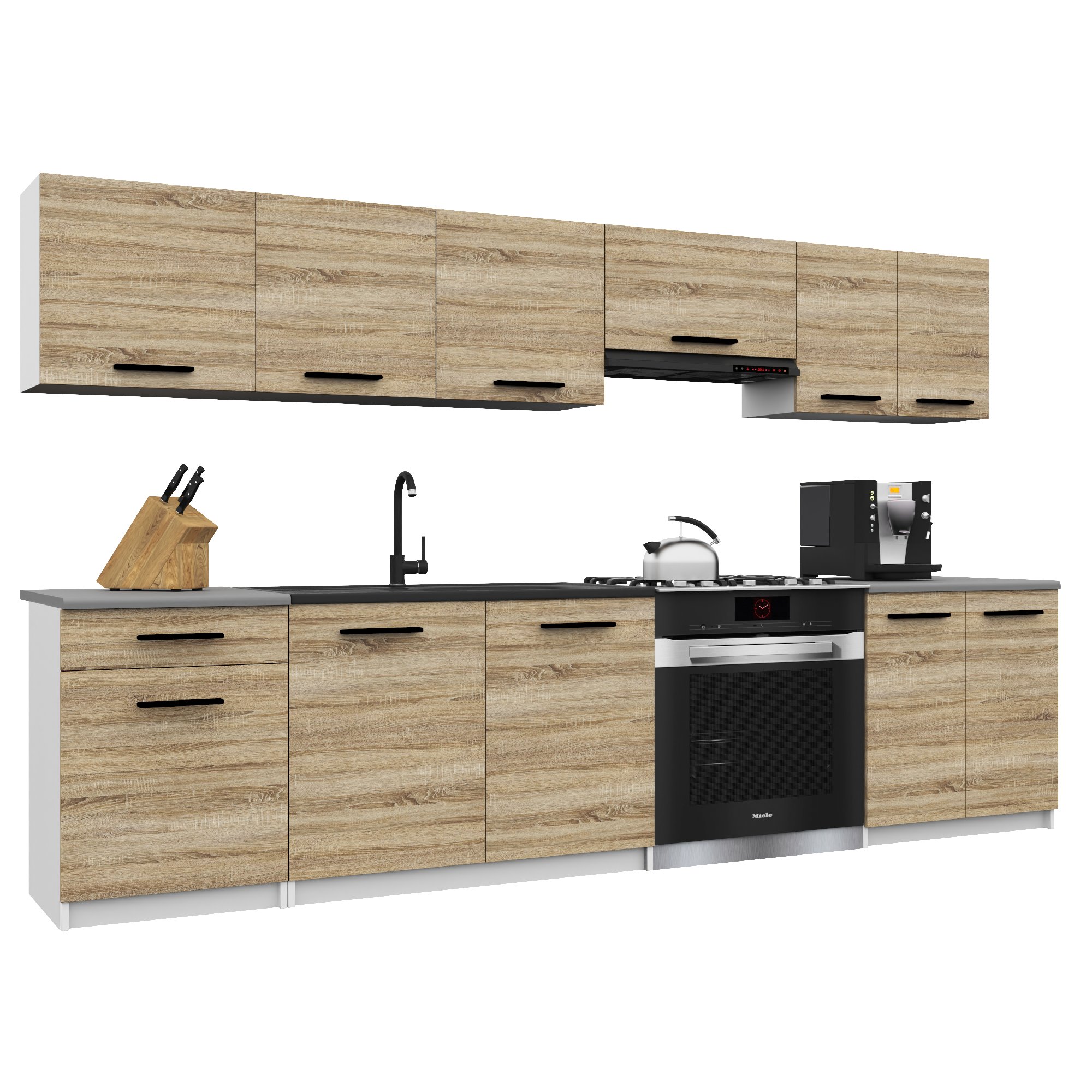 Belini Italia 2 Cuisine Equipée Modulaire Complète - 240 Cm. Meubles Hauts Bas Avec Plan De Travail, Chêne Sonoma