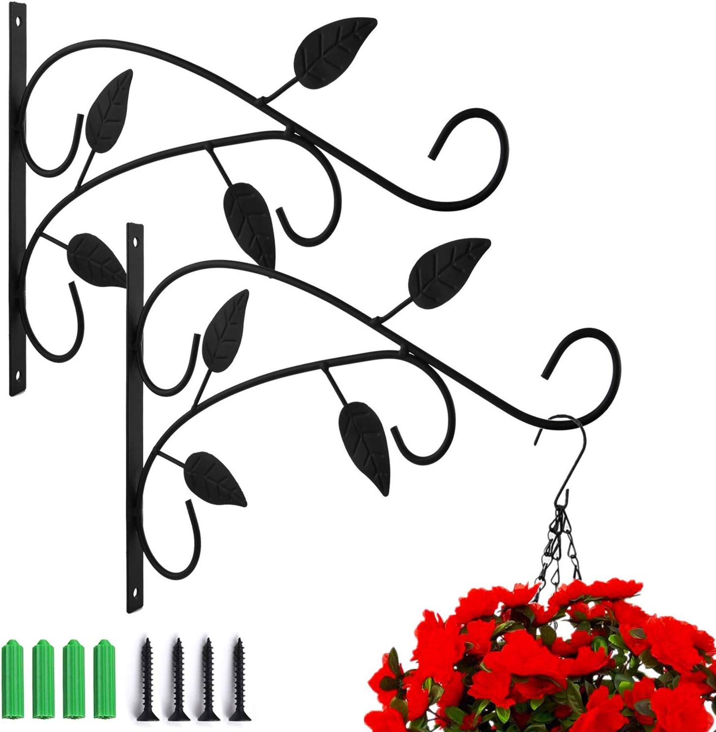 Crochets muraux pour plantes et lanternes en métal noir, lot de 2, vis fournies