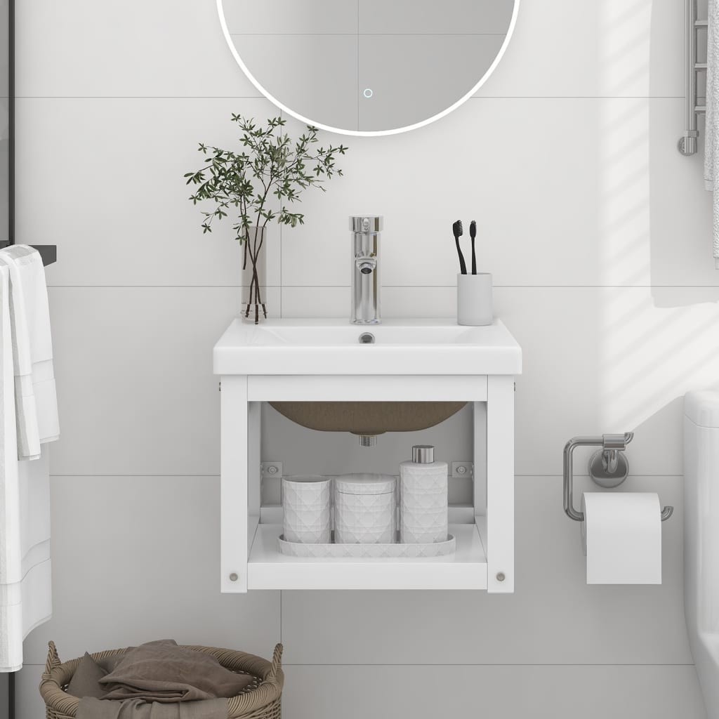 Vidaxl Weiß Badezimmer-Waschtischgestell Mit Waschbecken Eisen