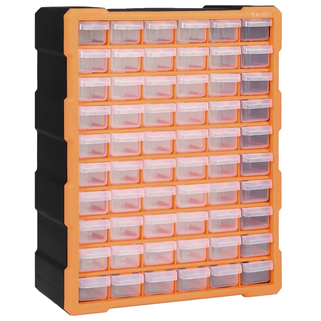 Organisateur 60 tiroirs transparents pour vis et outils, plastique PP, 38 x 16 x 47,5 cm, orange et noir