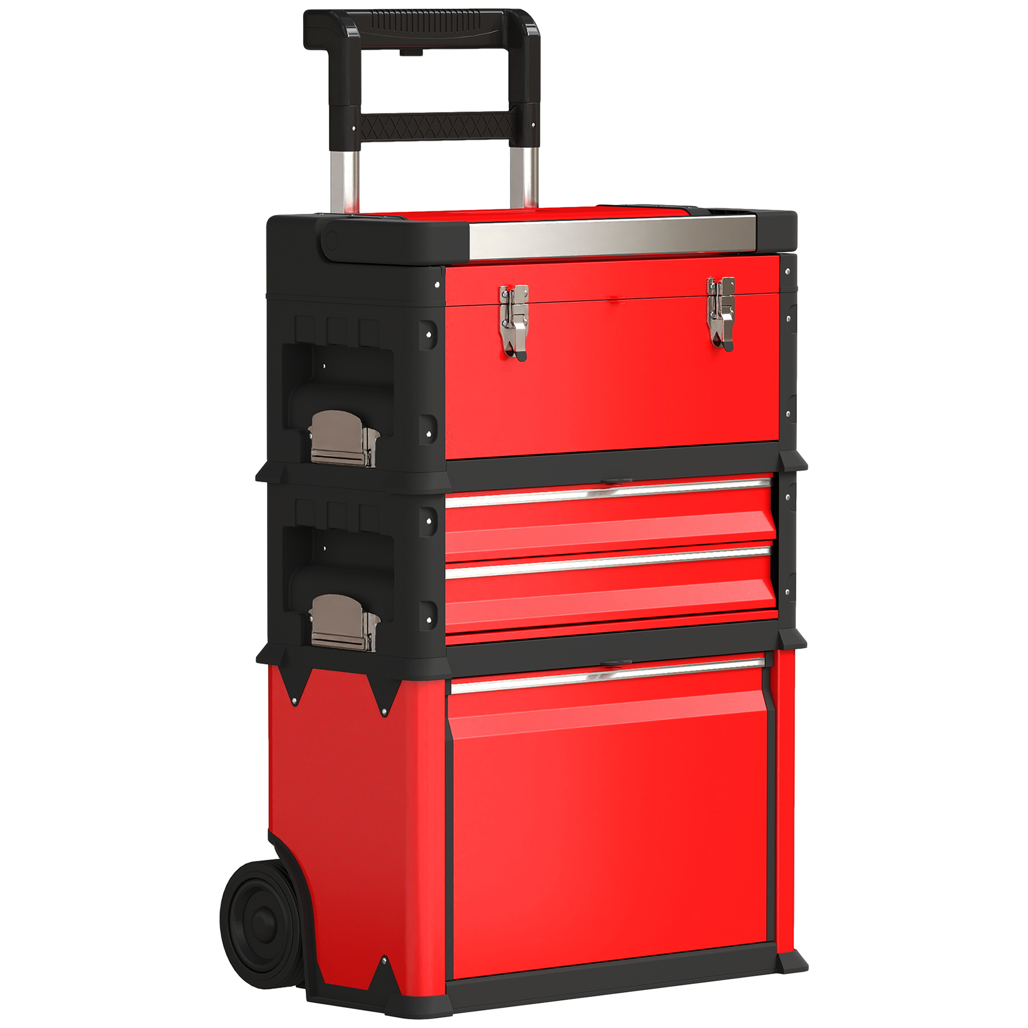 Lot de 3 coffres à outils empilables sur roulettes, acier, plateau amovible et verrou, rouge