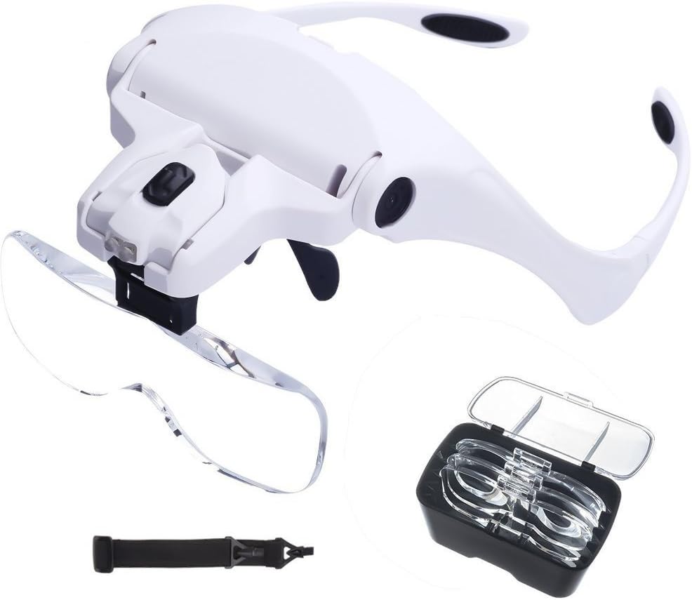 Loupe frontale à serre-tête, 5 lentilles interchangeables 1.0X à 3.5X, LED, blanc