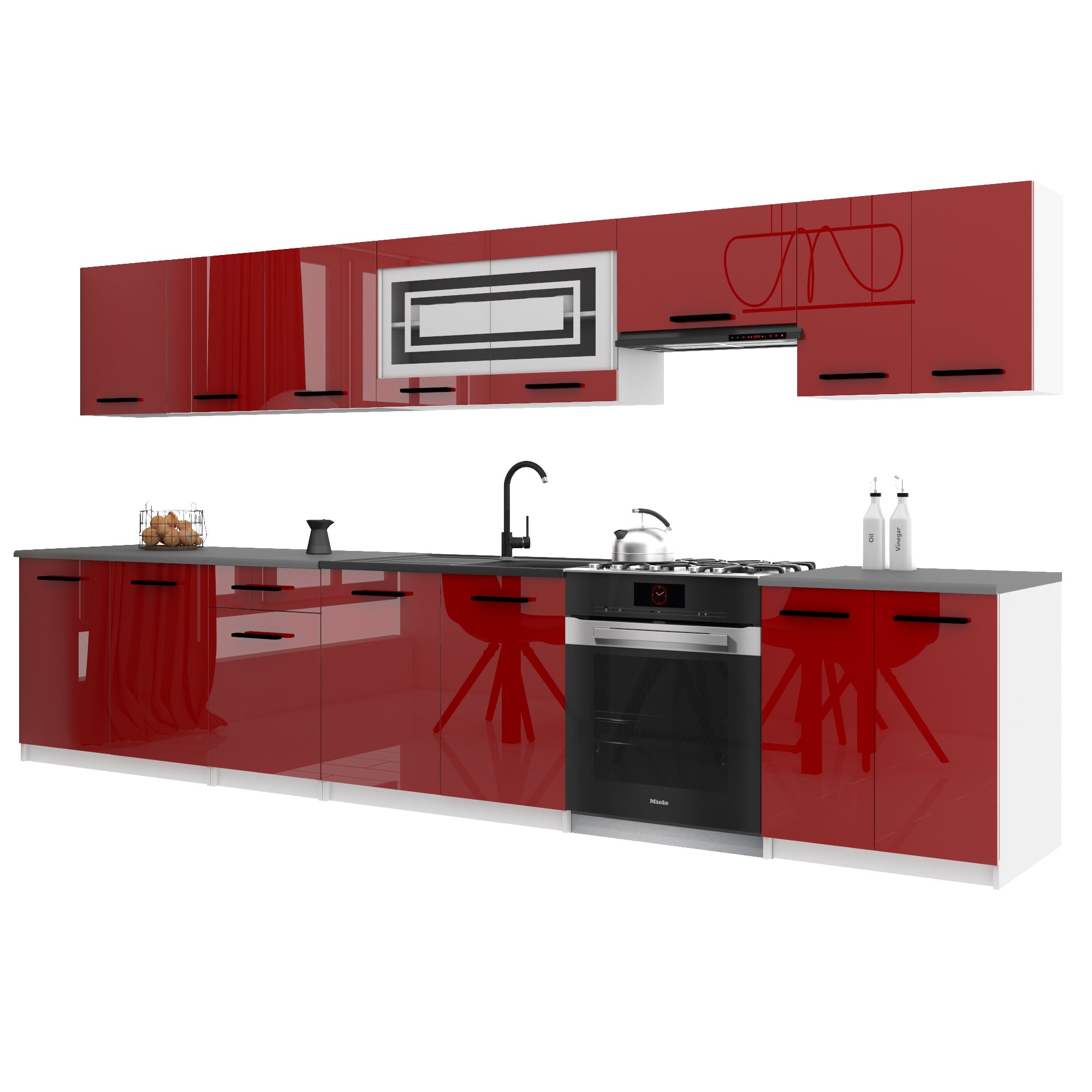 Belini Italia 3 Cuisine Equipée Modulaire Complète - 320 Cm. Meubles Hauts Bas Avec Plan De Travail, Rouge